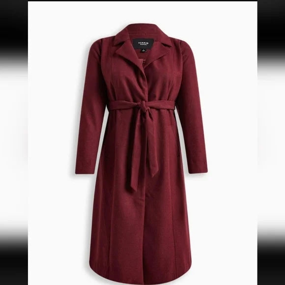 Torrid Plus Size 2X Red Zinfandel Belted Wool Trench Coat Jacket NEW NWT - Picture 4 of 5